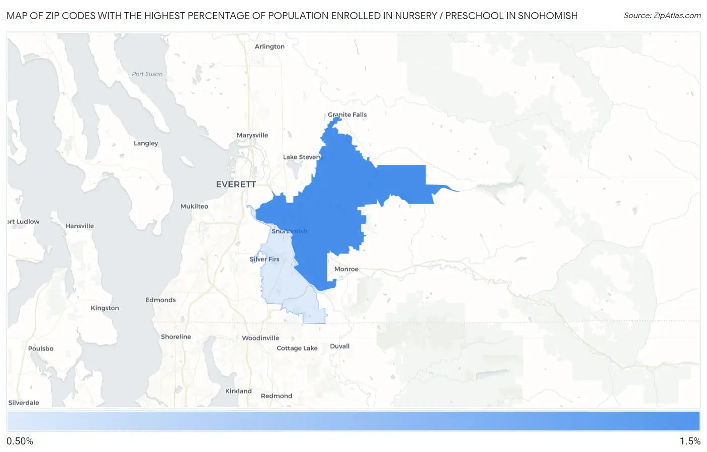 Zip Codes with the Highest Percentage of Population Enrolled in Nursery / Preschool in Snohomish Map