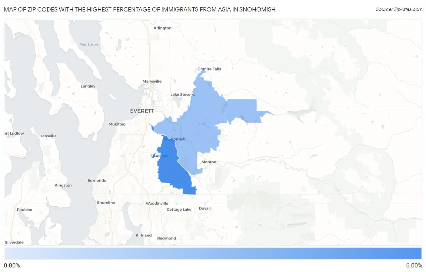Zip Codes with the Highest Percentage of Immigrants from Asia in Snohomish Map