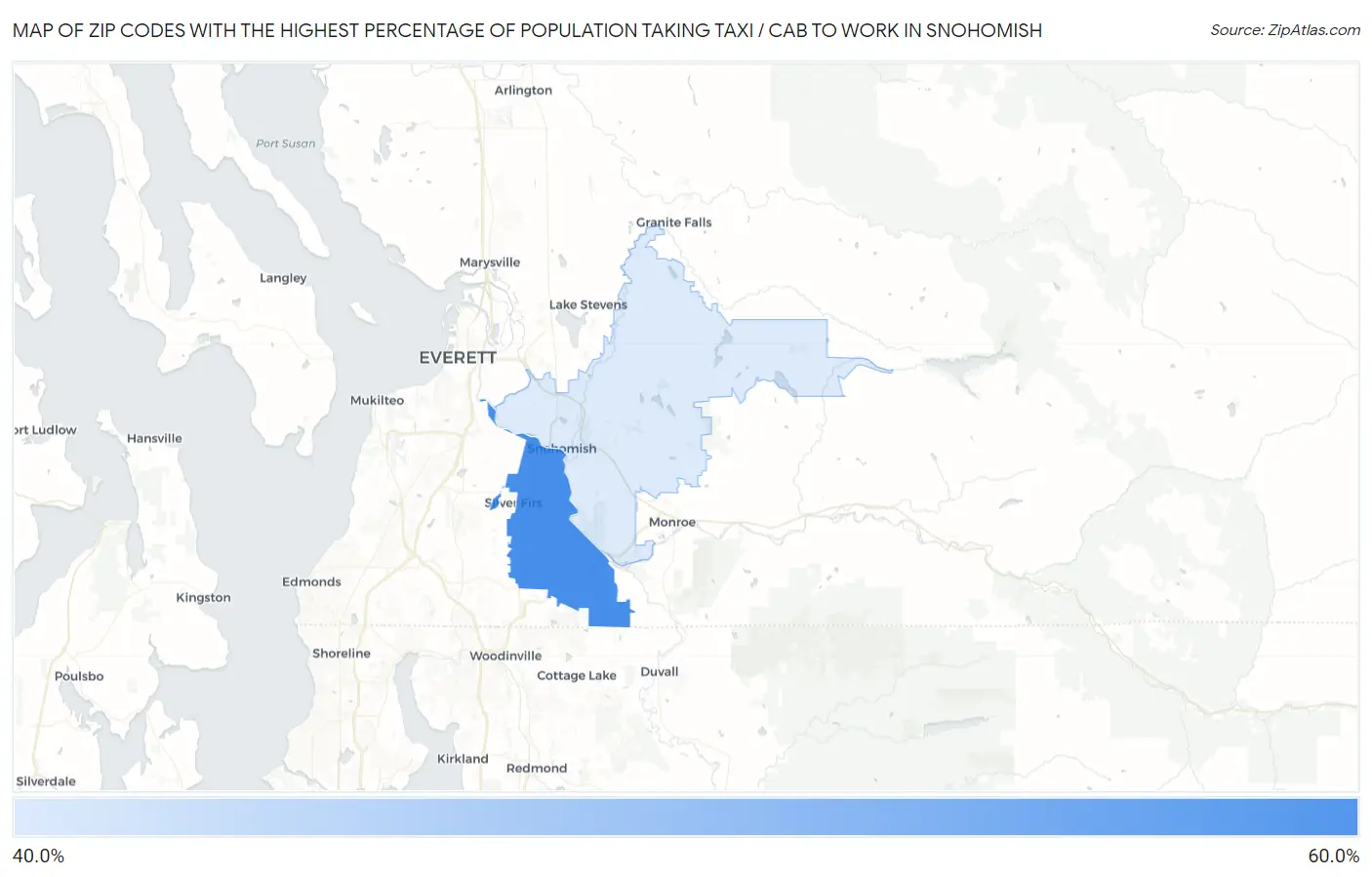 Zip Codes with the Highest Percentage of Population Taking Taxi / Cab to Work in Snohomish Map