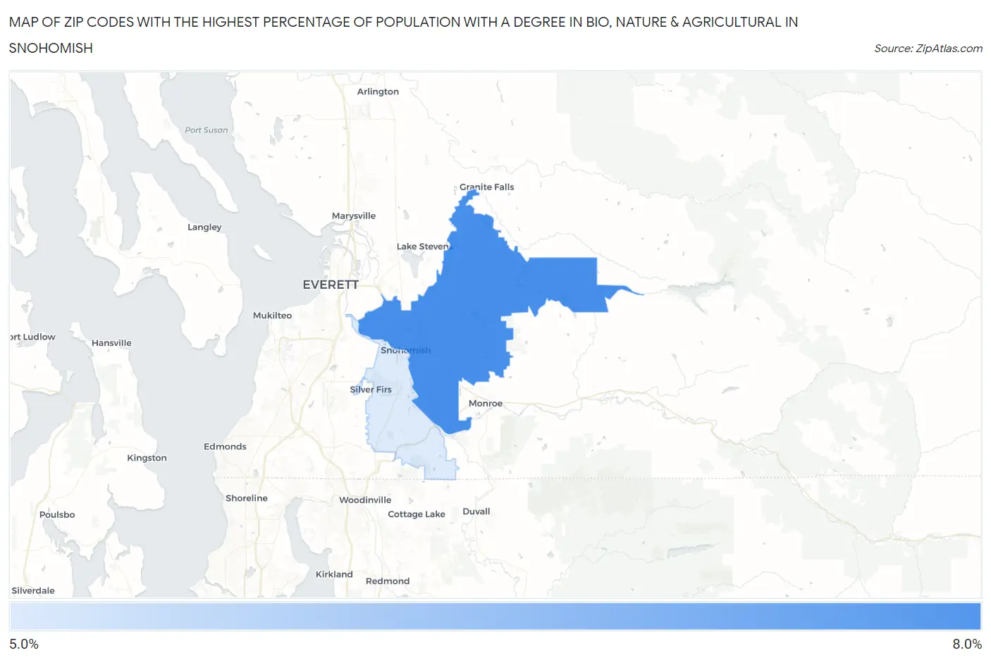 Zip Codes with the Highest Percentage of Population with a Degree in Bio, Nature & Agricultural in Snohomish Map