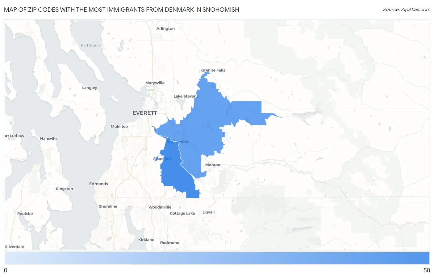 Zip Codes with the Most Immigrants from Denmark in Snohomish Map