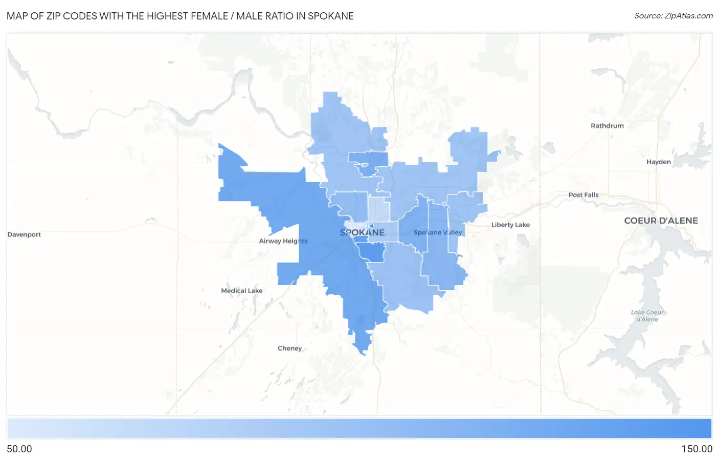 Zip Codes with the Highest Female / Male Ratio in Spokane Map