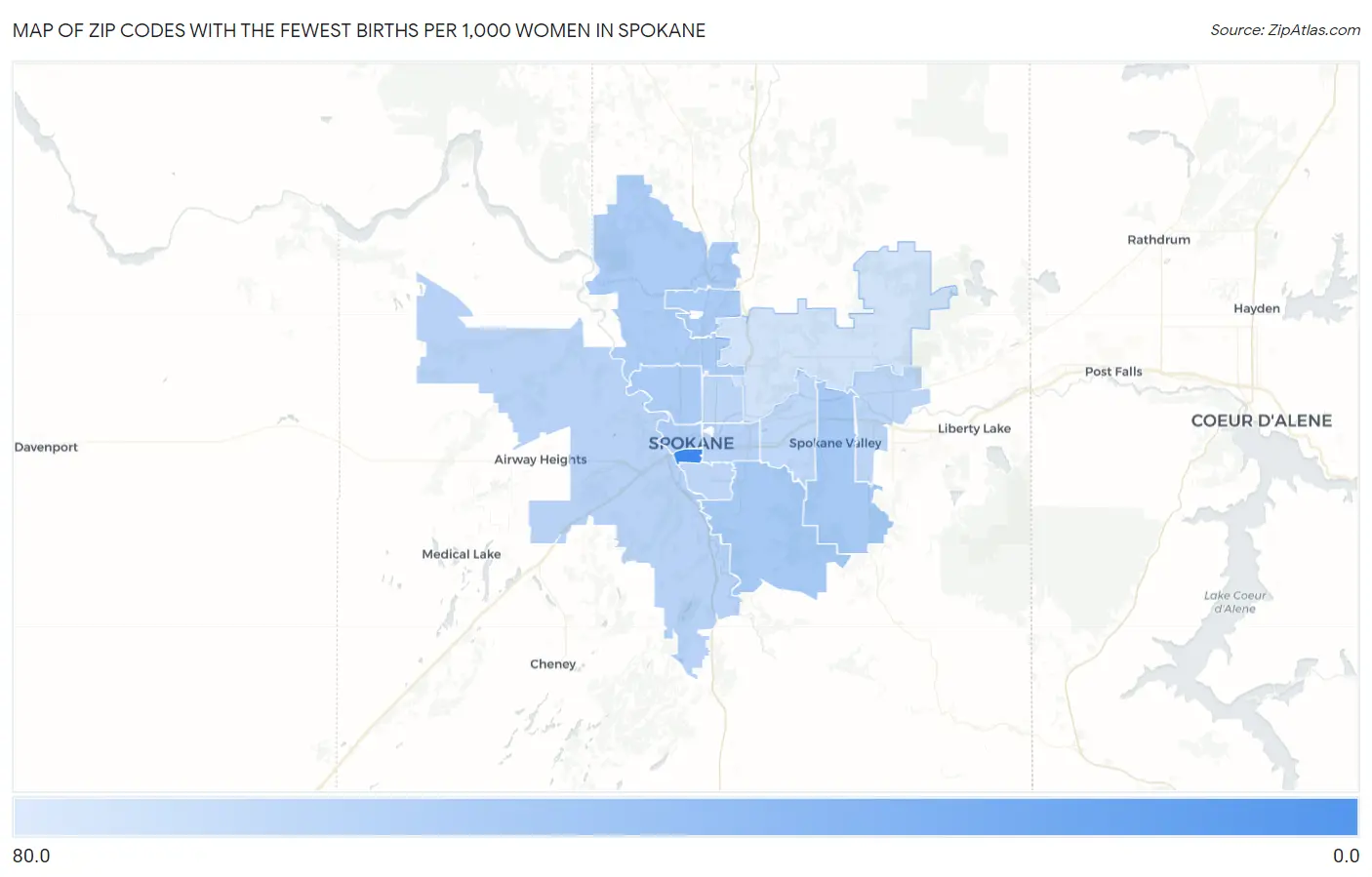 Zip Codes with the Fewest Births per 1,000 Women in Spokane Map