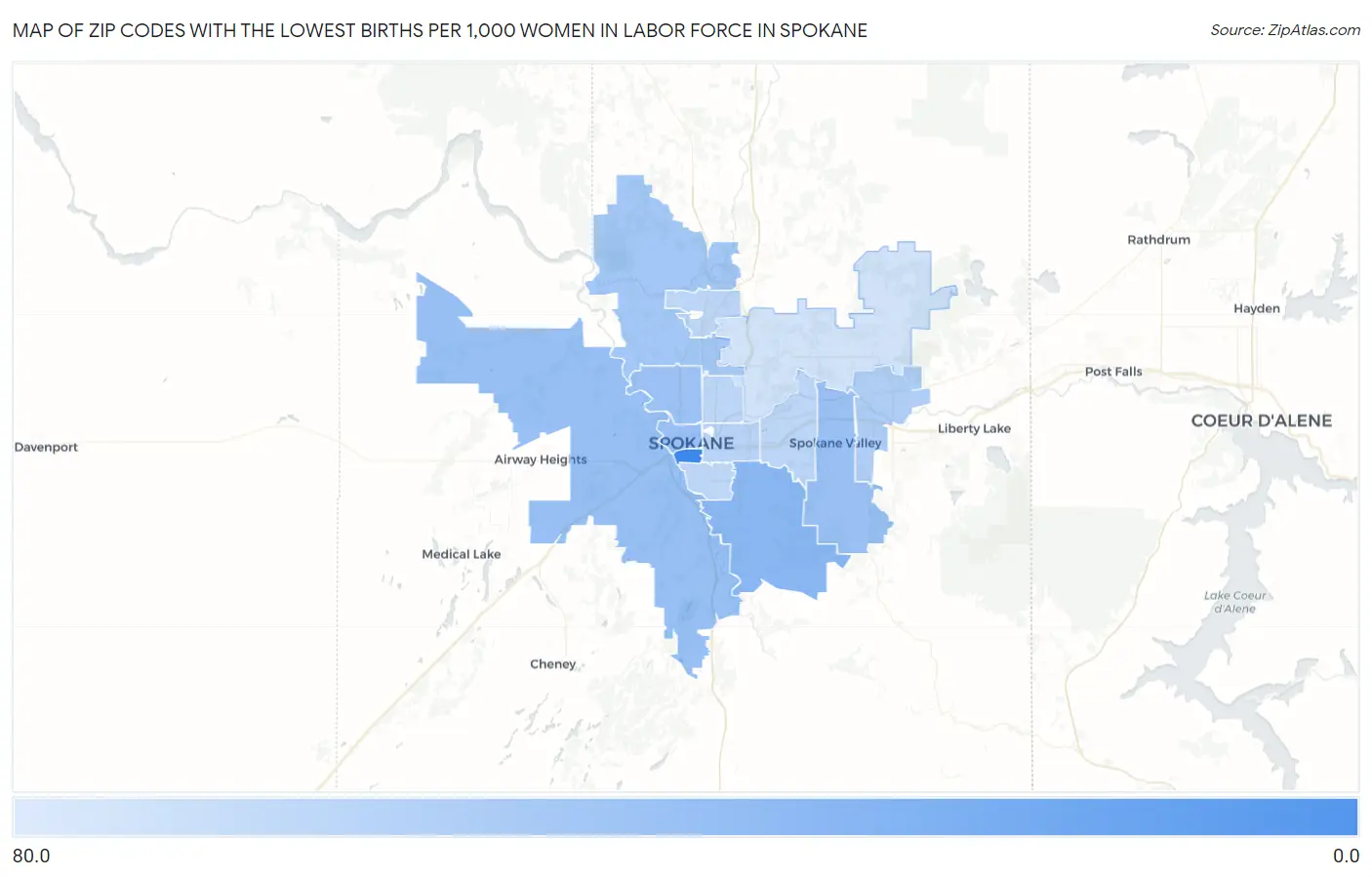 Zip Codes with the Lowest Births per 1,000 Women in Labor Force in Spokane Map