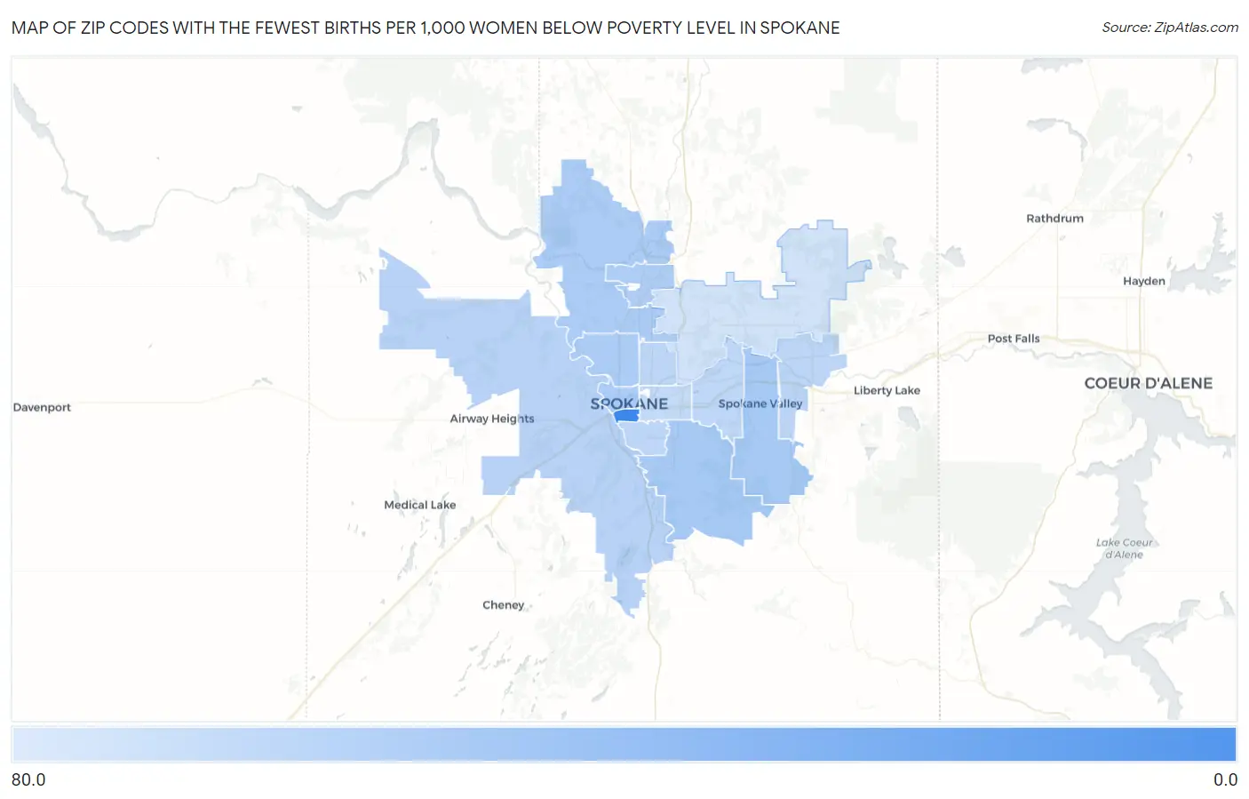 Zip Codes with the Fewest Births per 1,000 Women Below Poverty Level in Spokane Map