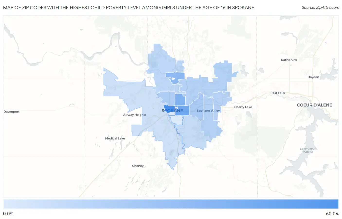 Zip Codes with the Highest Child Poverty Level Among Girls Under the Age of 16 in Spokane Map