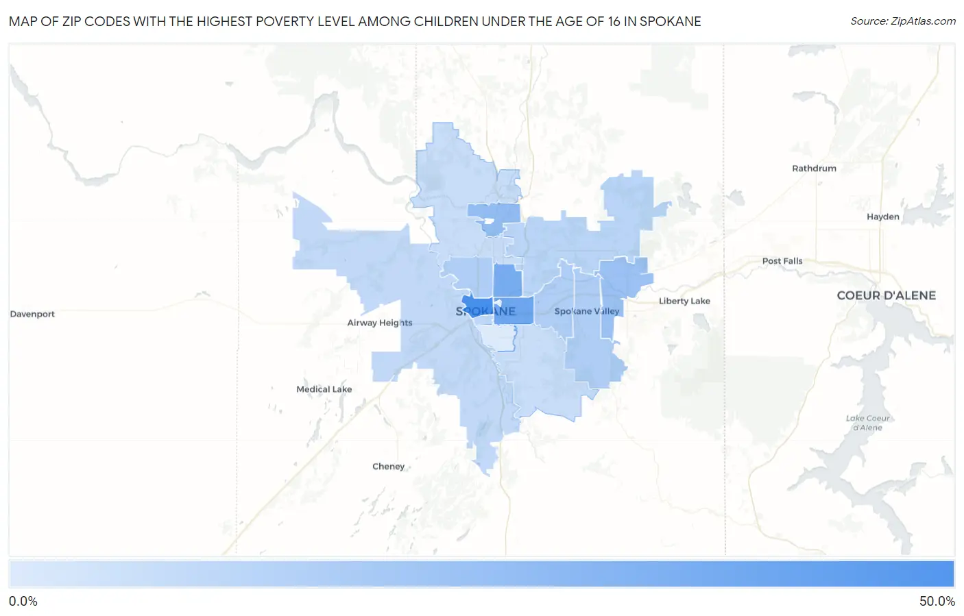 Zip Codes with the Highest Poverty Level Among Children Under the Age of 16 in Spokane Map