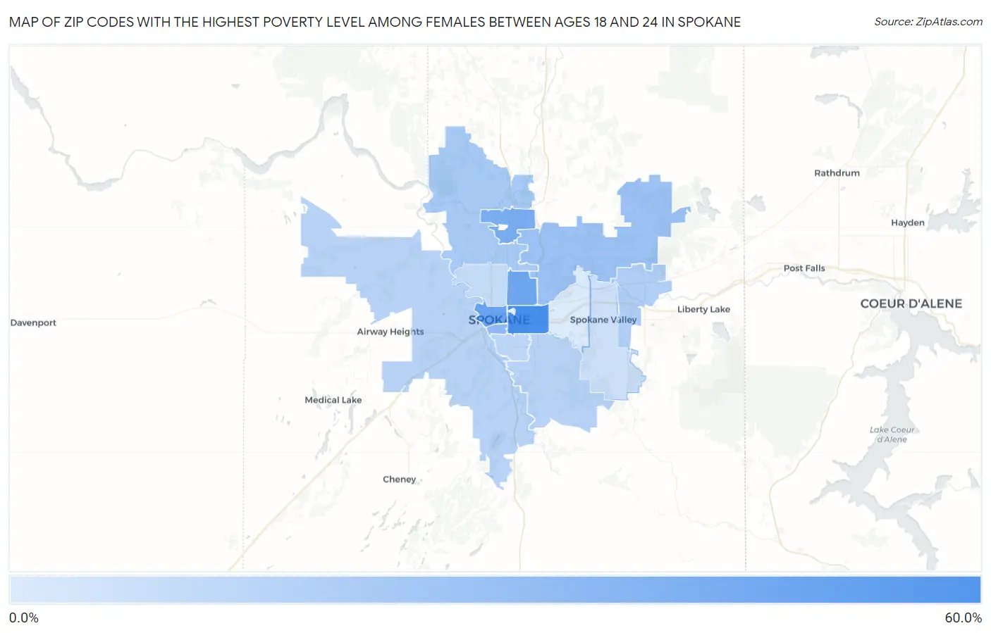 Zip Codes with the Highest Poverty Level Among Females Between Ages 18 and 24 in Spokane Map