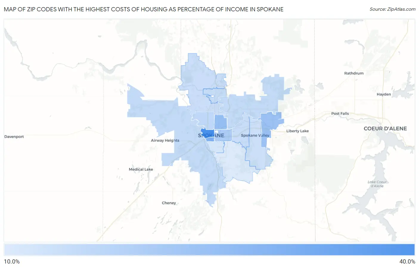 Zip Codes with the Highest Costs of Housing as Percentage of Income in Spokane Map