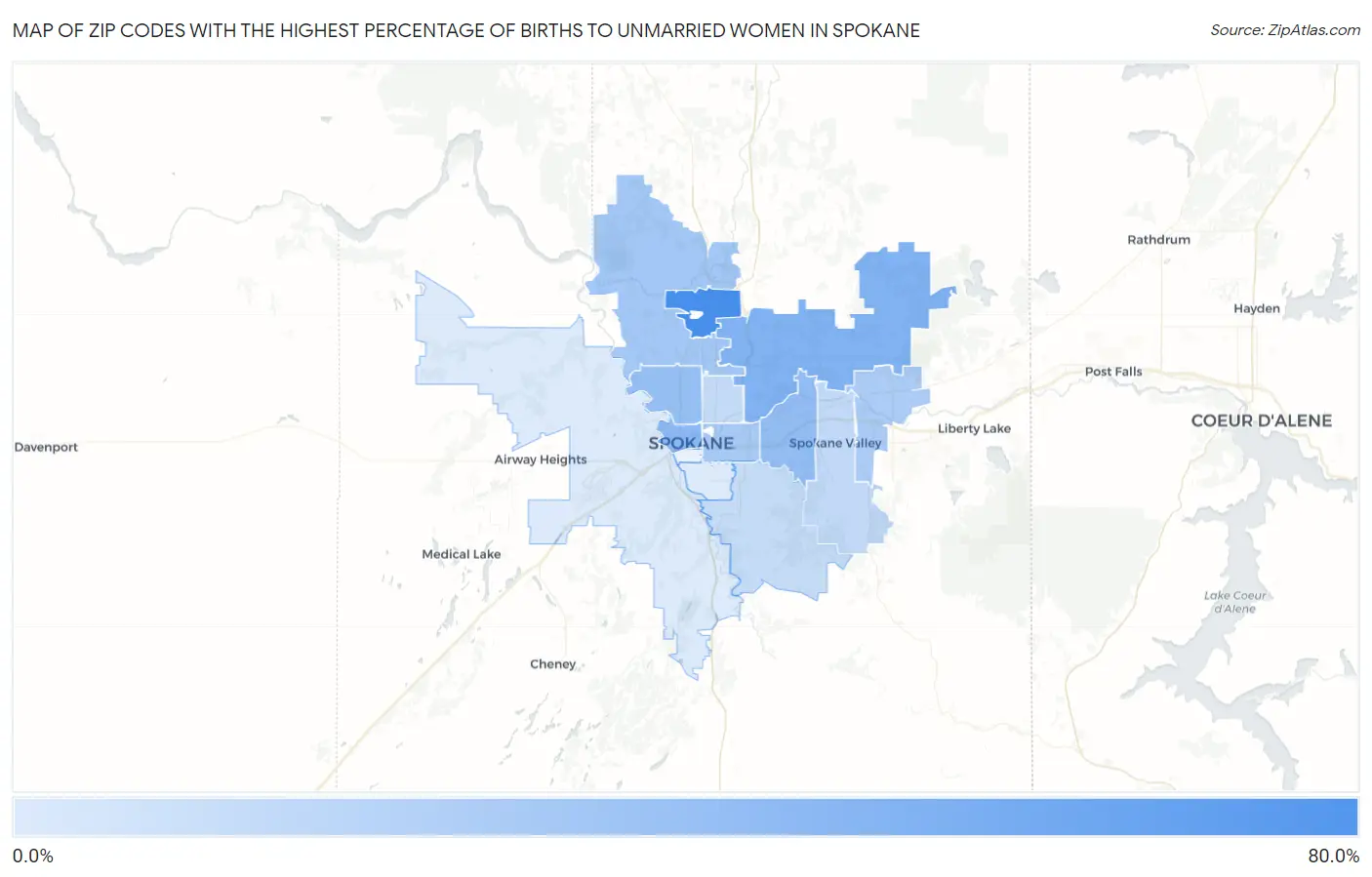 Zip Codes with the Highest Percentage of Births to Unmarried Women in Spokane Map
