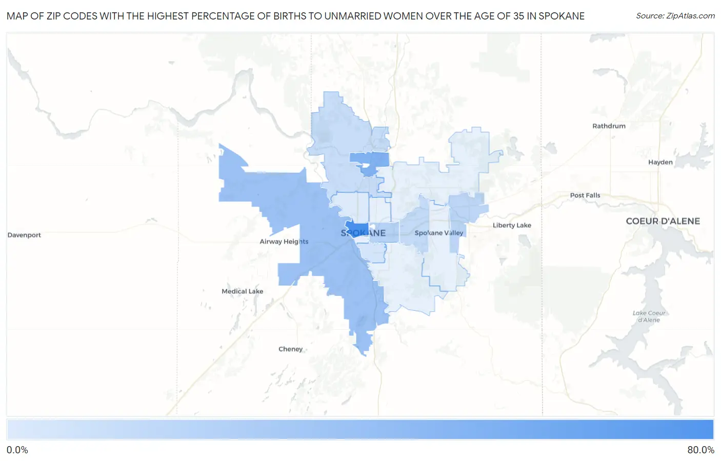 Zip Codes with the Highest Percentage of Births to Unmarried Women over the Age of 35 in Spokane Map