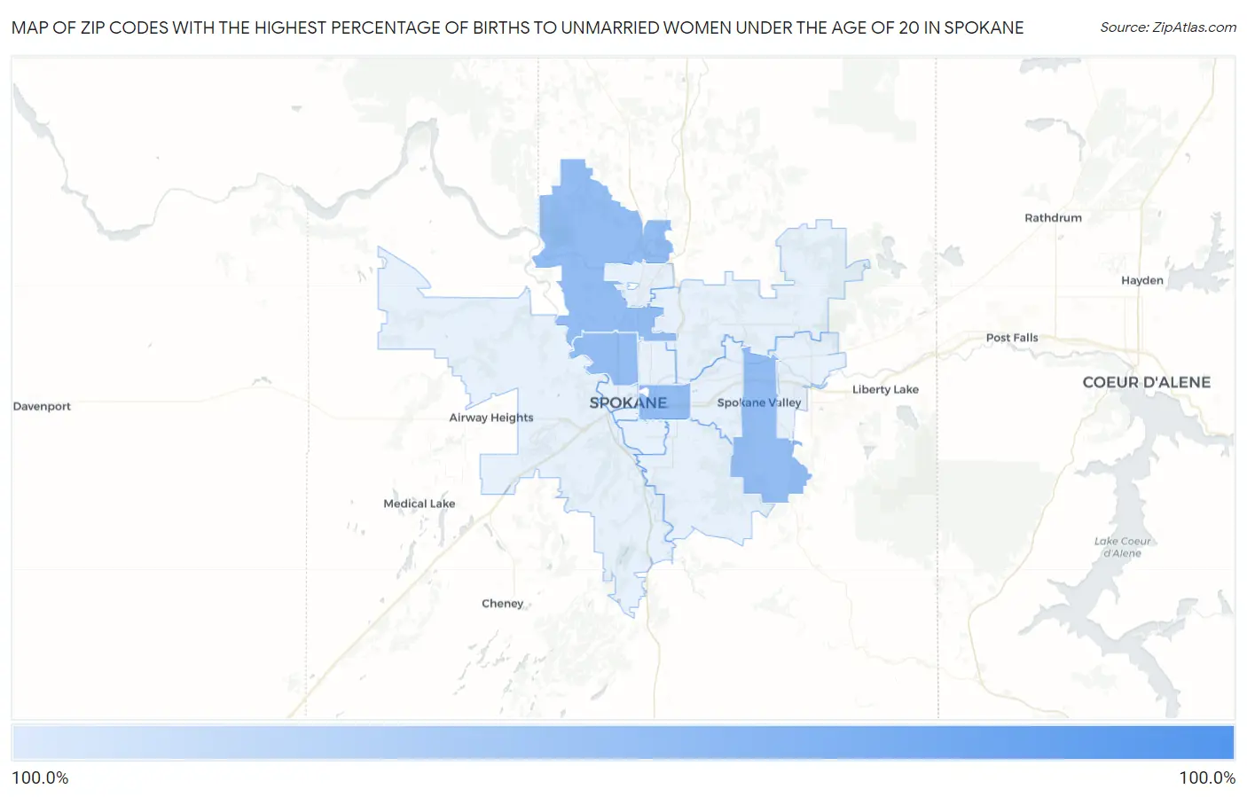 Zip Codes with the Highest Percentage of Births to Unmarried Women under the Age of 20 in Spokane Map