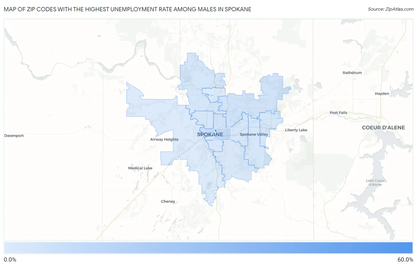 Zip Codes with the Highest Unemployment Rate Among Males in Spokane Map