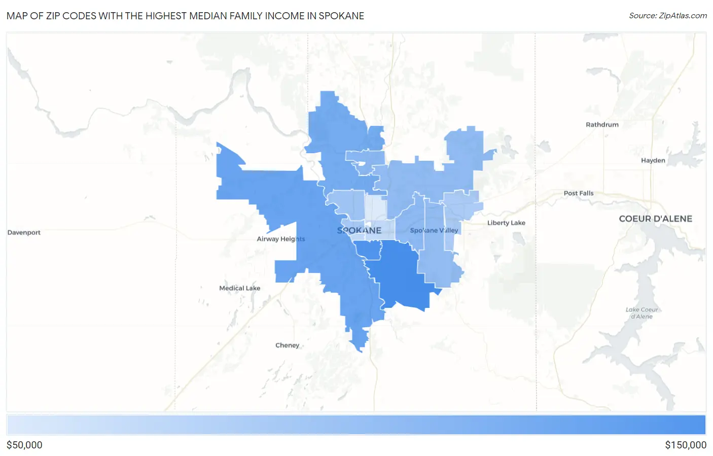 Zip Codes with the Highest Median Family Income in Spokane Map