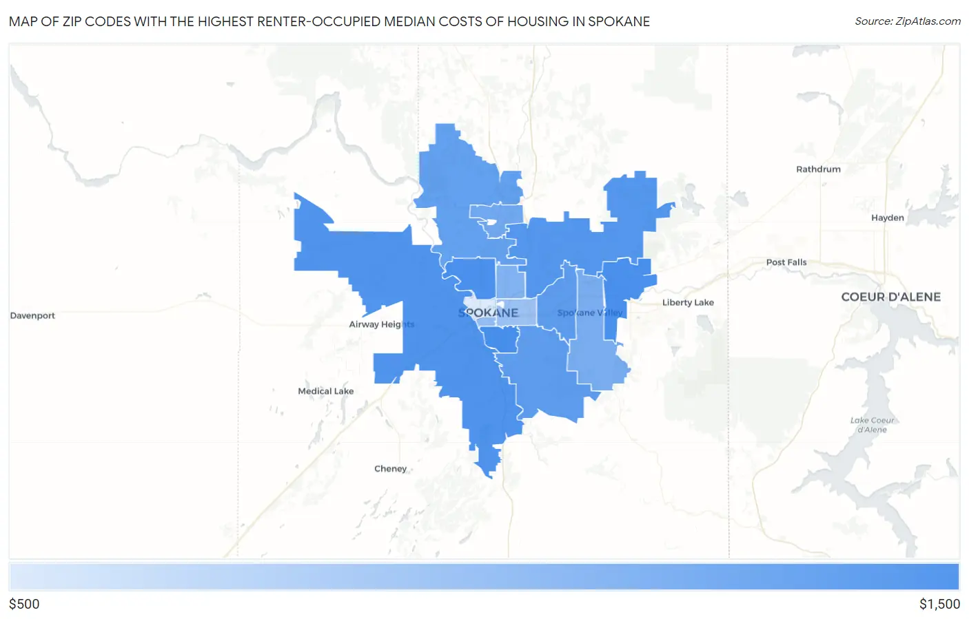 Zip Codes with the Highest Renter-Occupied Median Costs of Housing in Spokane Map