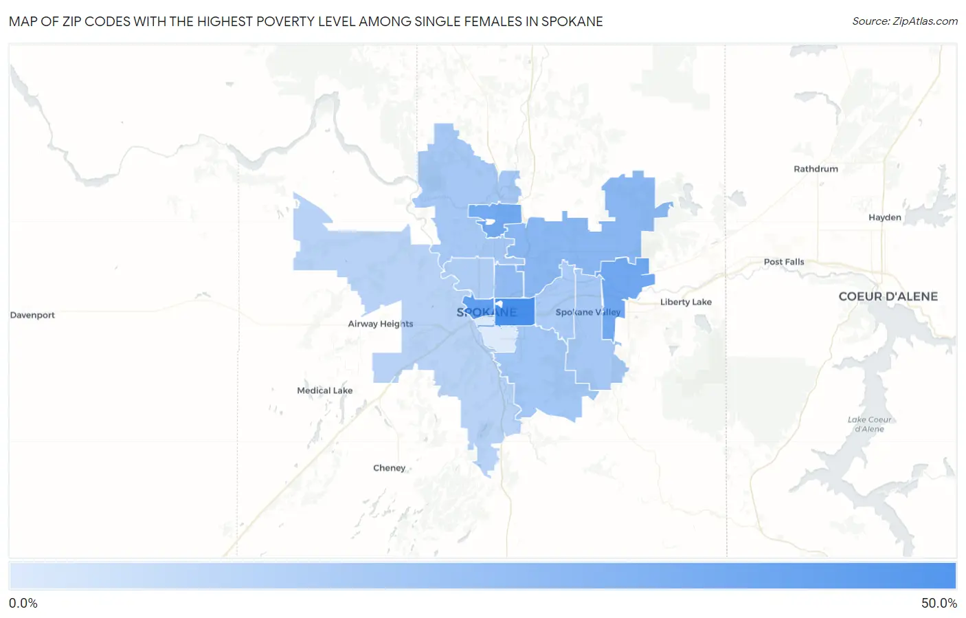 Zip Codes with the Highest Poverty Level Among Single Females in Spokane Map