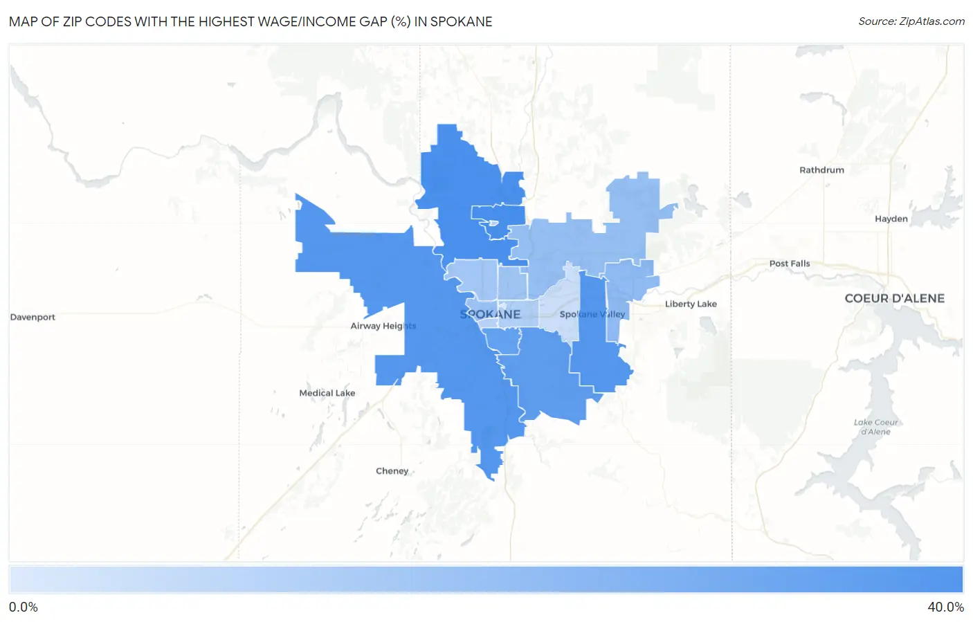 Zip Codes with the Highest Wage/Income Gap (%) in Spokane Map