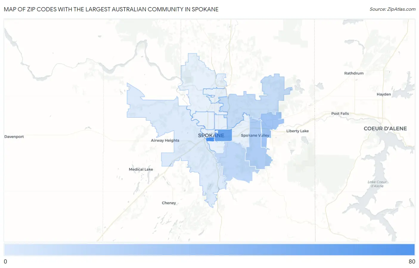 Zip Codes with the Largest Australian Community in Spokane Map