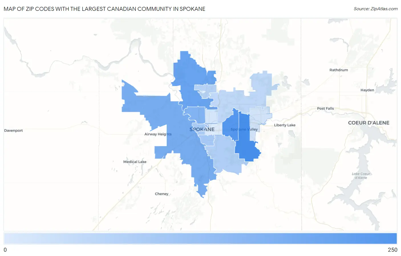 Zip Codes with the Largest Canadian Community in Spokane Map