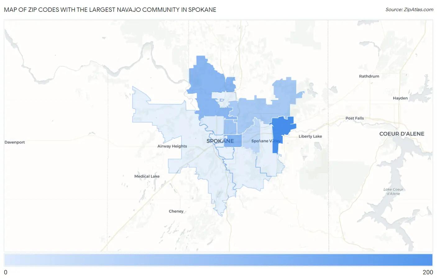 Zip Codes with the Largest Navajo Community in Spokane Map