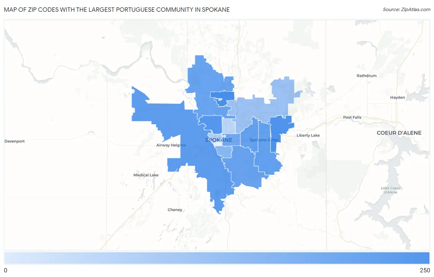 Zip Codes with the Largest Portuguese Community in Spokane Map