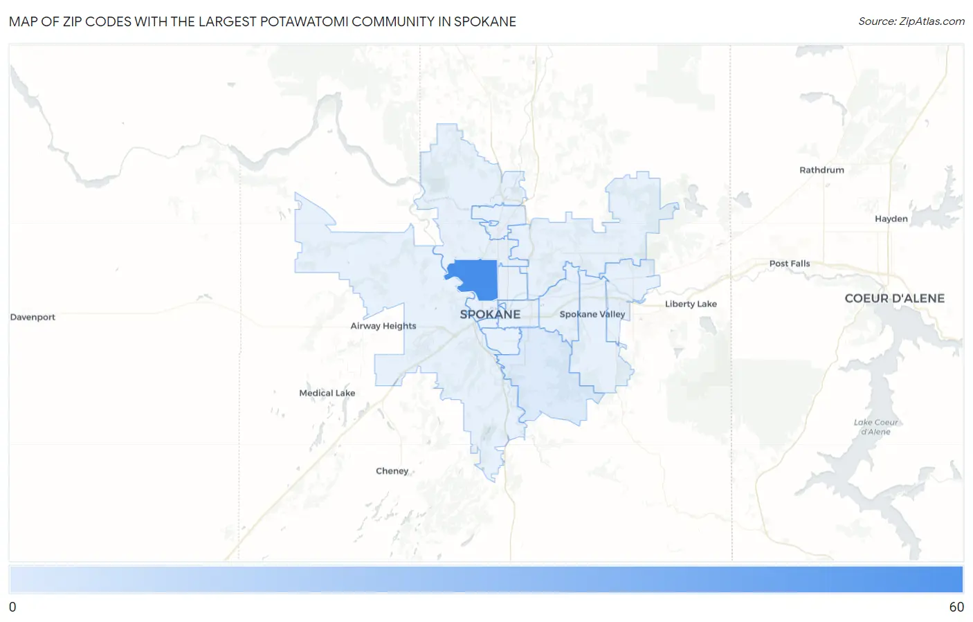Zip Codes with the Largest Potawatomi Community in Spokane Map