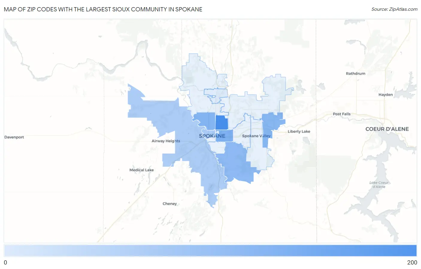 Zip Codes with the Largest Sioux Community in Spokane Map