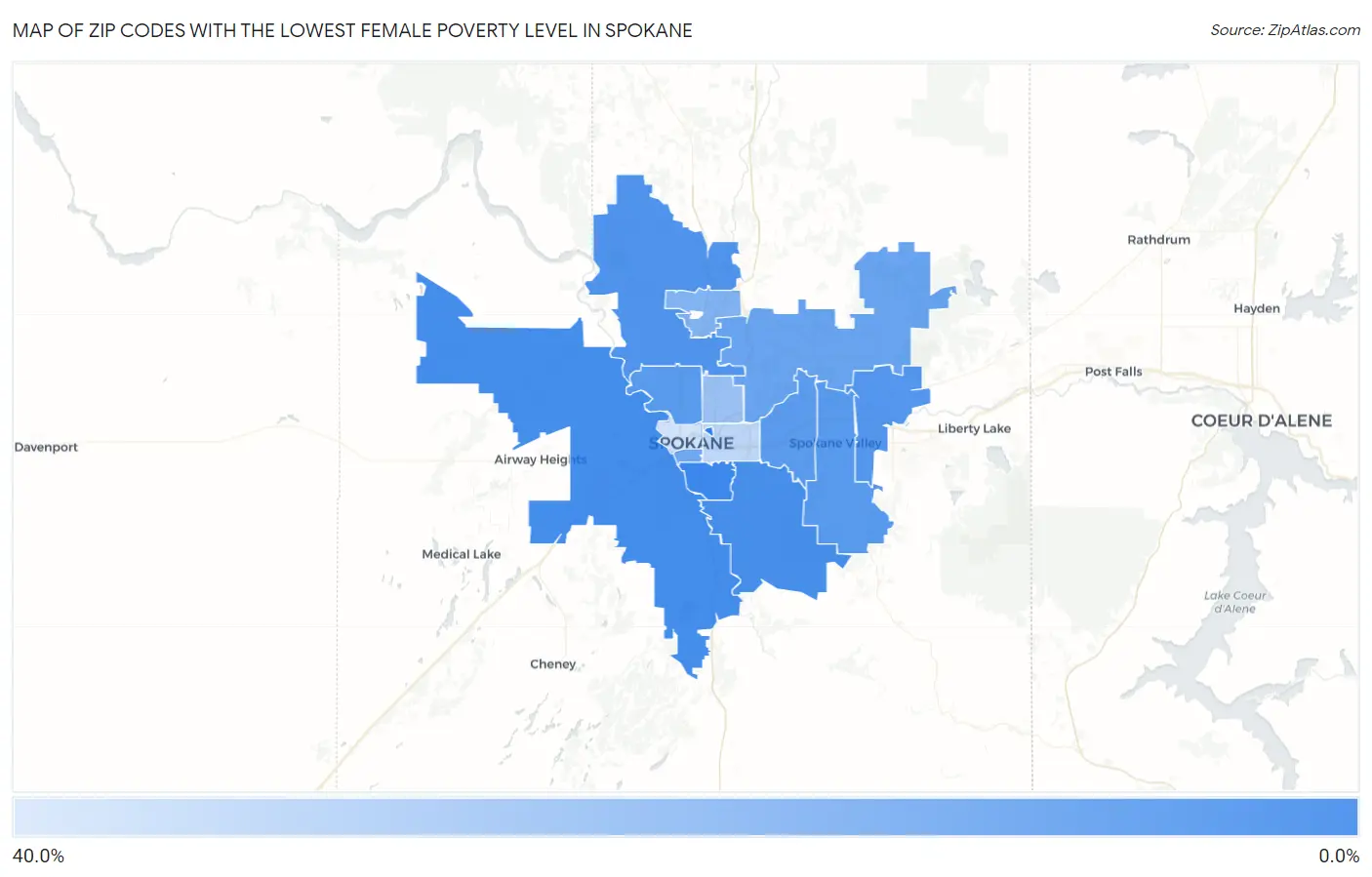 Zip Codes with the Lowest Female Poverty Level in Spokane Map