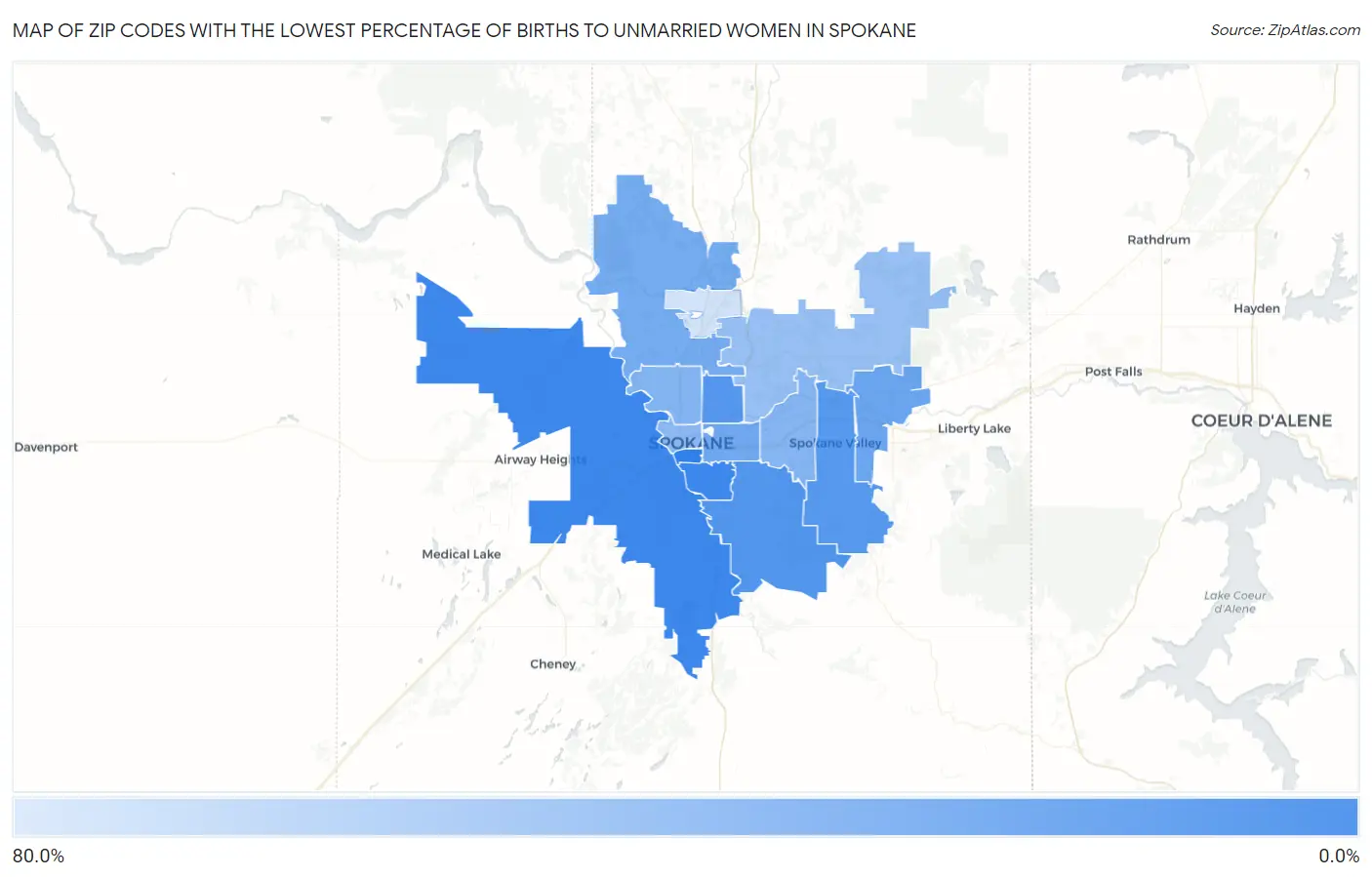 Zip Codes with the Lowest Percentage of Births to Unmarried Women in Spokane Map
