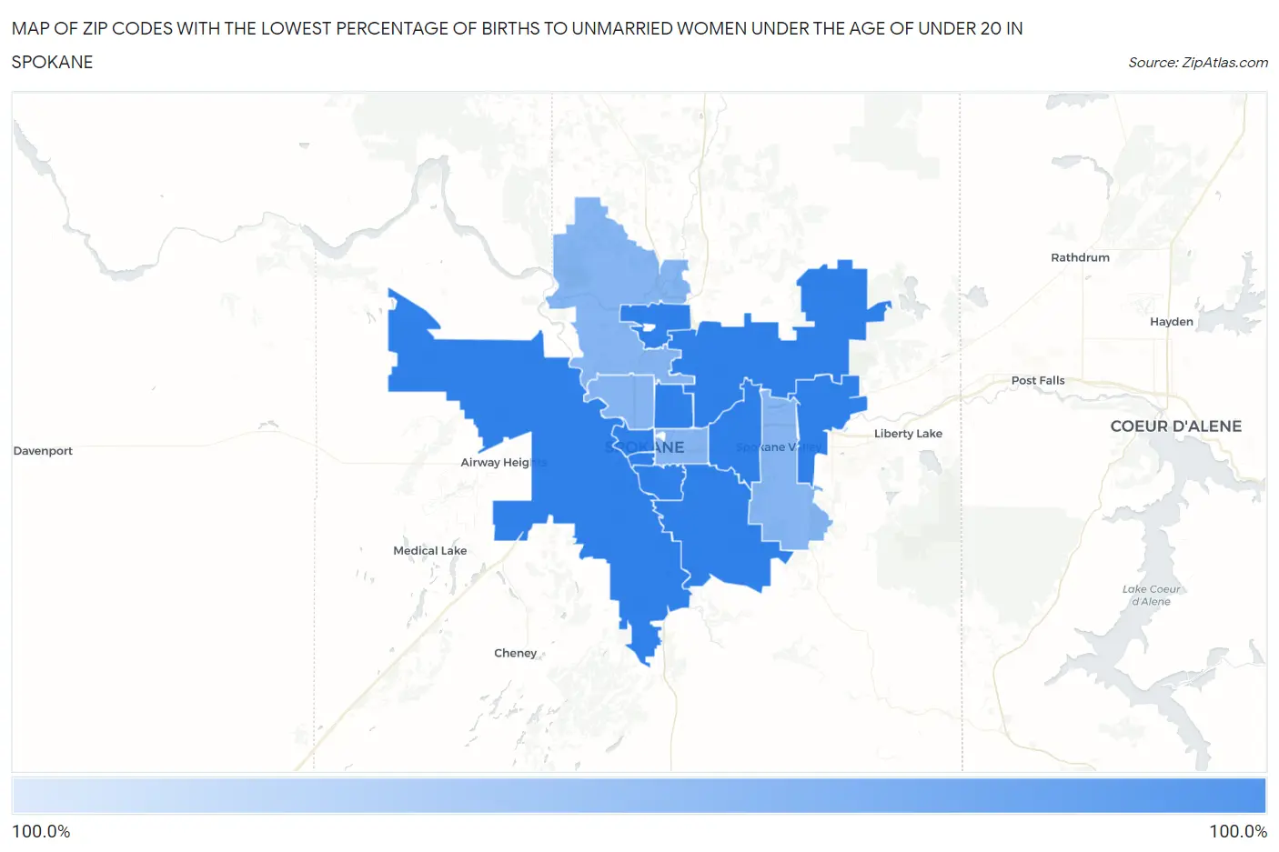 Zip Codes with the Lowest Percentage of Births to Unmarried Women under the Age of under 20 in Spokane Map