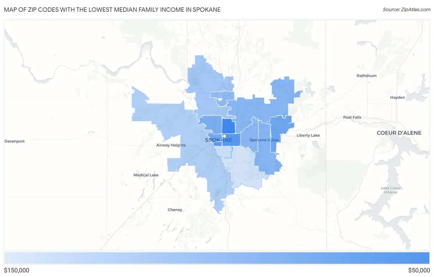Zip Codes with the Lowest Median Family Income in Spokane Map