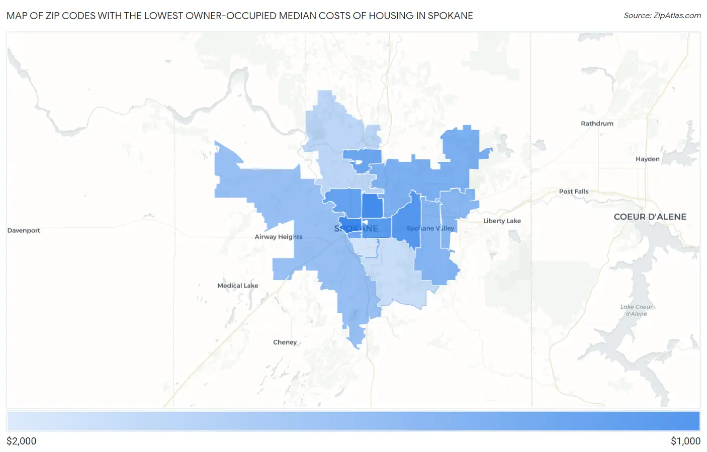 Zip Codes with the Lowest Owner-Occupied Median Costs of Housing in Spokane Map