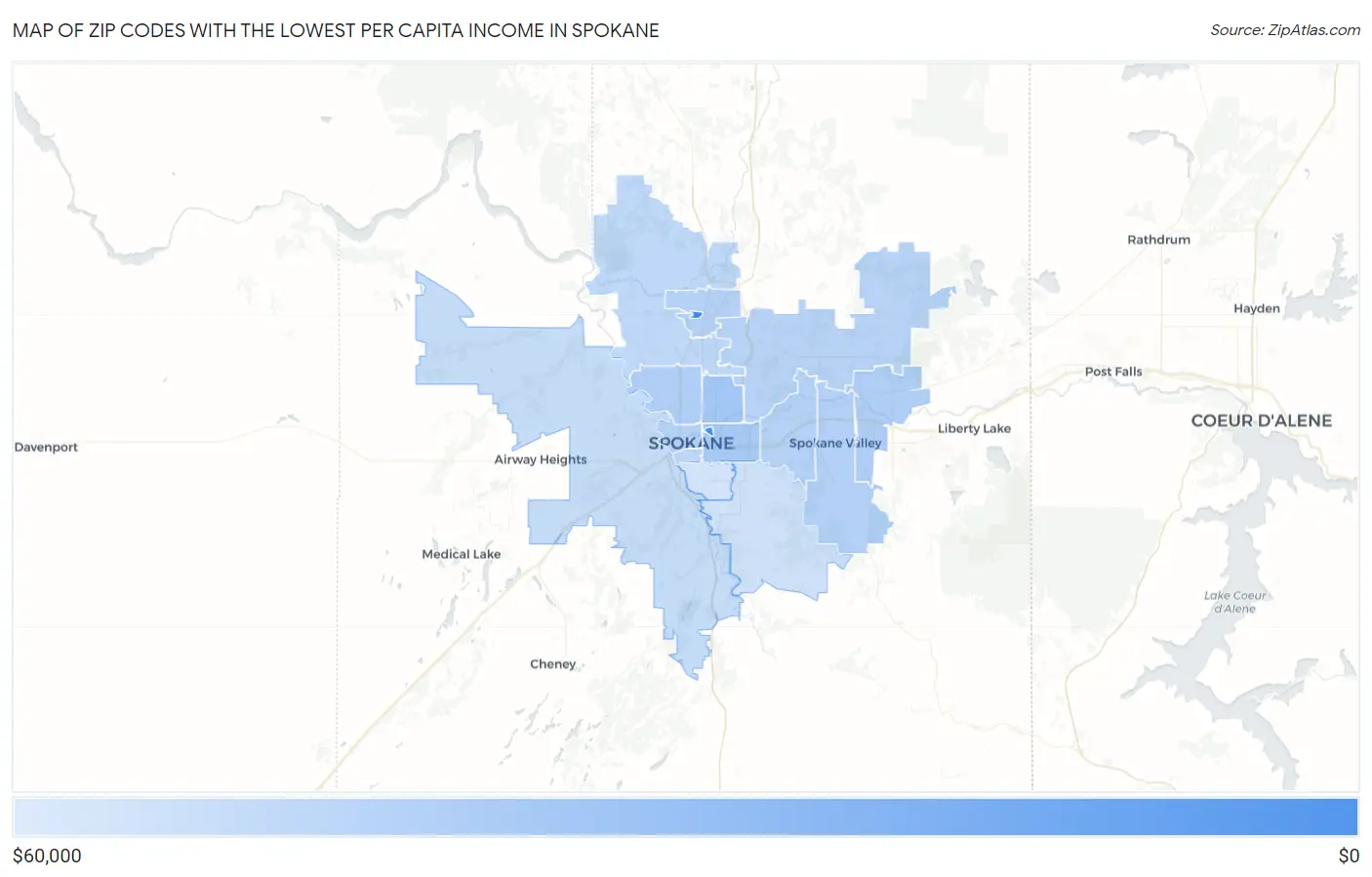 Zip Codes with the Lowest Per Capita Income in Spokane Map