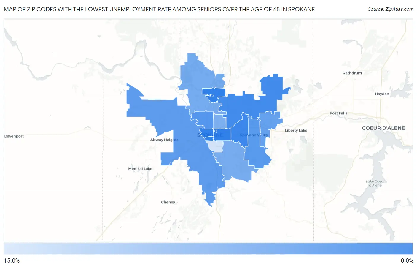 Zip Codes with the Lowest Unemployment Rate Amomg Seniors Over the Age of 65 in Spokane Map