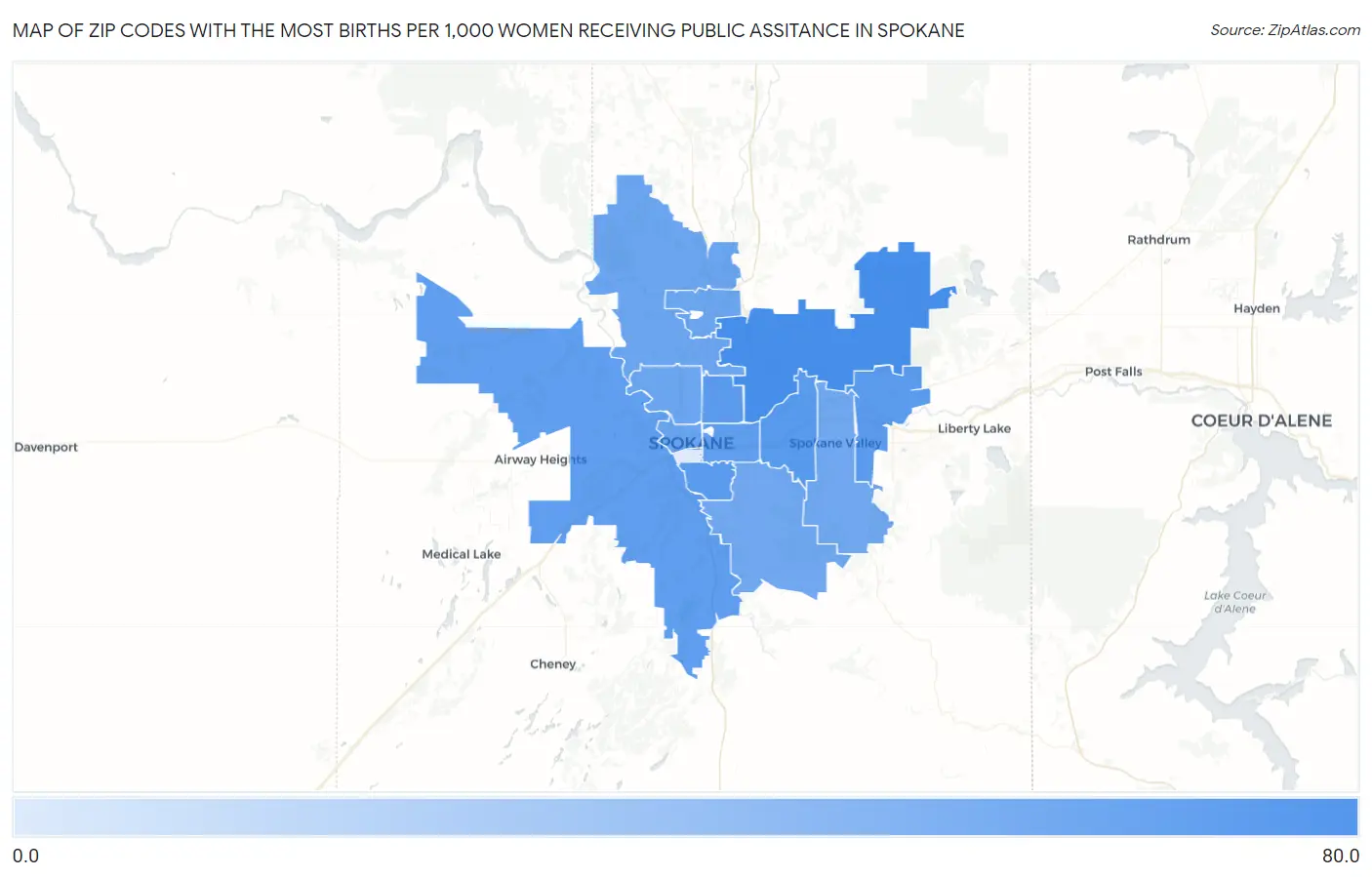 Zip Codes with the Most Births per 1,000 Women Receiving Public Assitance in Spokane Map