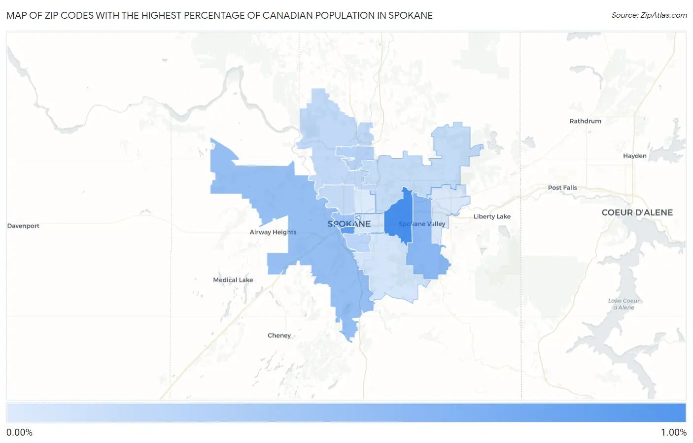Zip Codes with the Highest Percentage of Canadian Population in Spokane Map