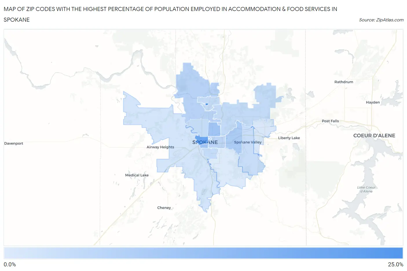 Zip Codes with the Highest Percentage of Population Employed in Accommodation & Food Services in Spokane Map