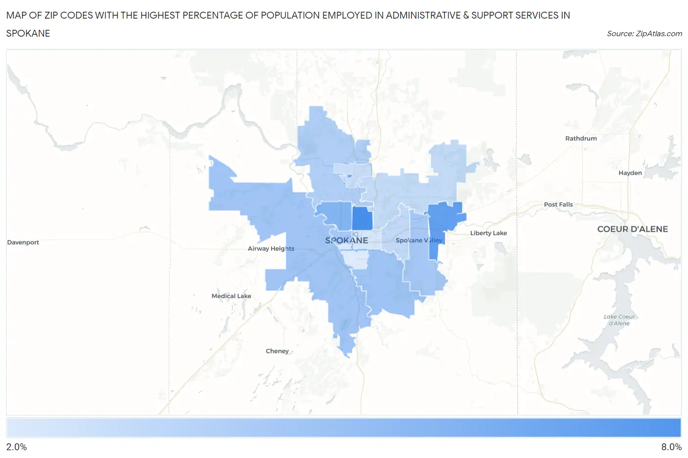 Zip Codes with the Highest Percentage of Population Employed in Administrative & Support Services in Spokane Map