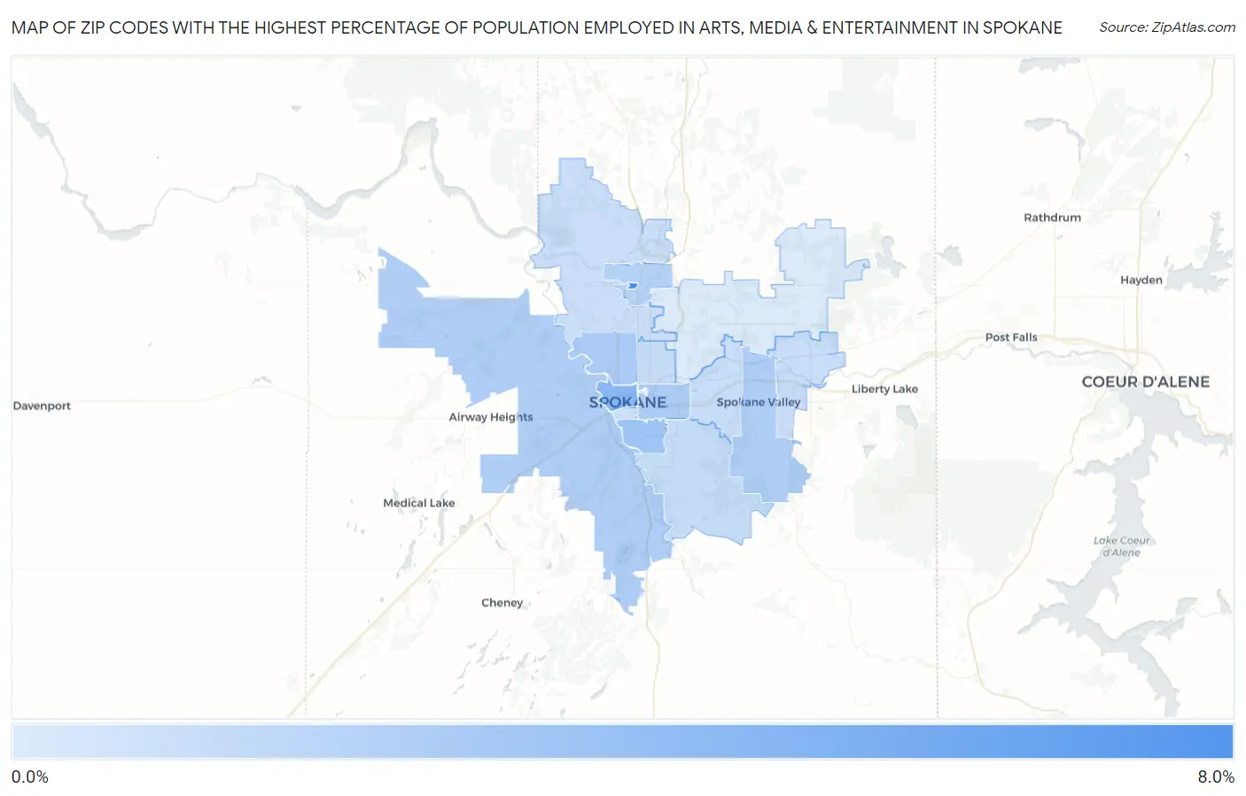Zip Codes with the Highest Percentage of Population Employed in Arts, Media & Entertainment in Spokane Map
