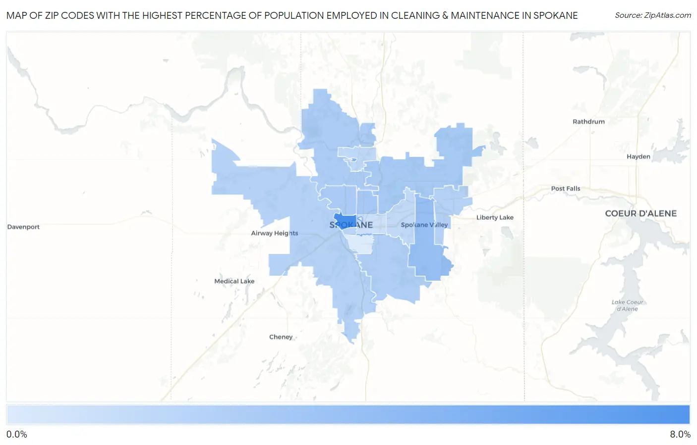 Zip Codes with the Highest Percentage of Population Employed in Cleaning & Maintenance in Spokane Map
