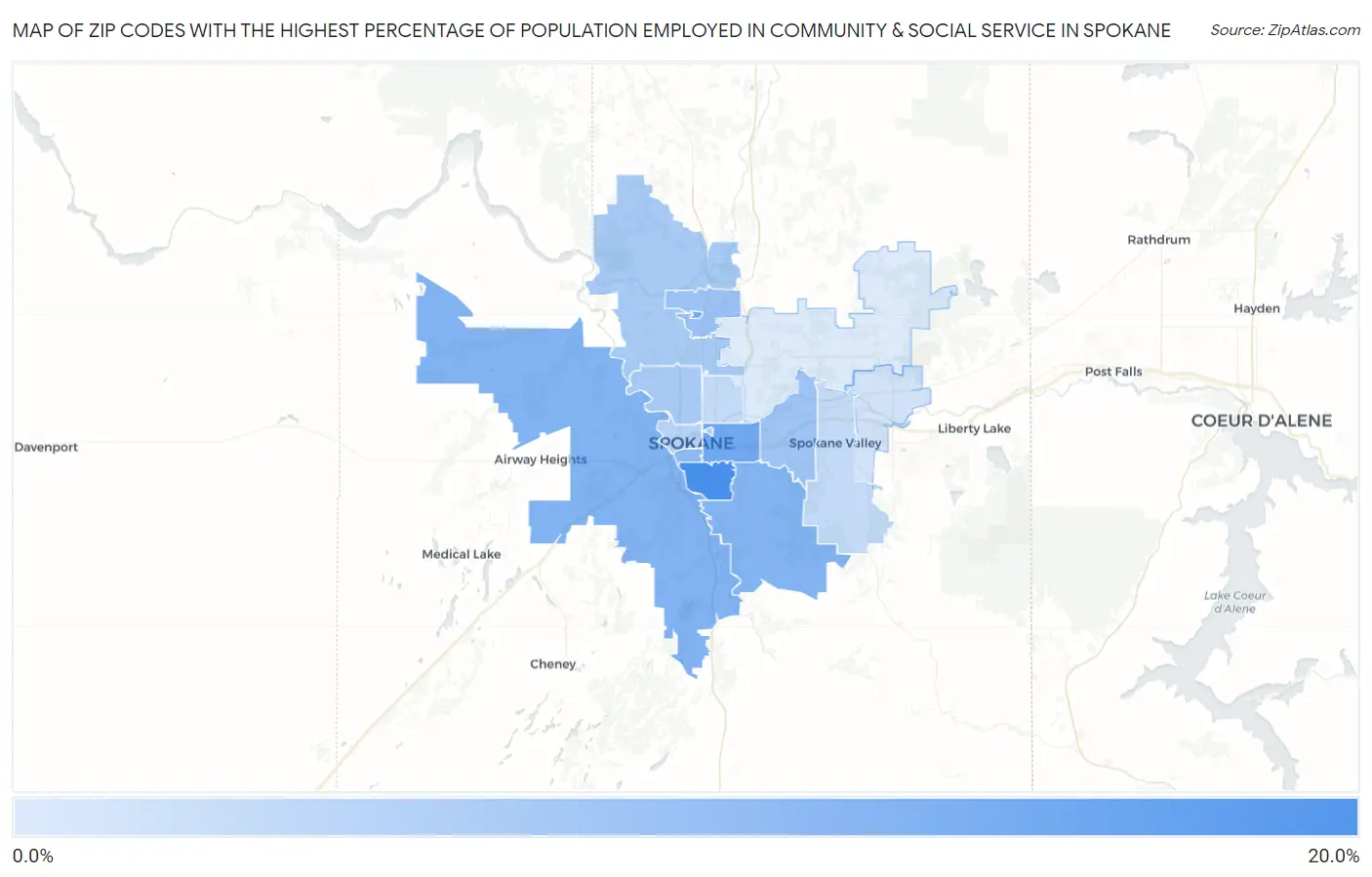 Zip Codes with the Highest Percentage of Population Employed in Community & Social Service  in Spokane Map