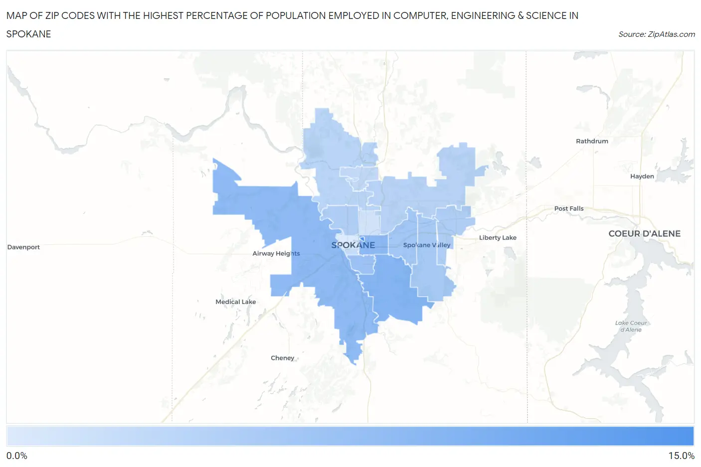 Zip Codes with the Highest Percentage of Population Employed in Computer, Engineering & Science in Spokane Map