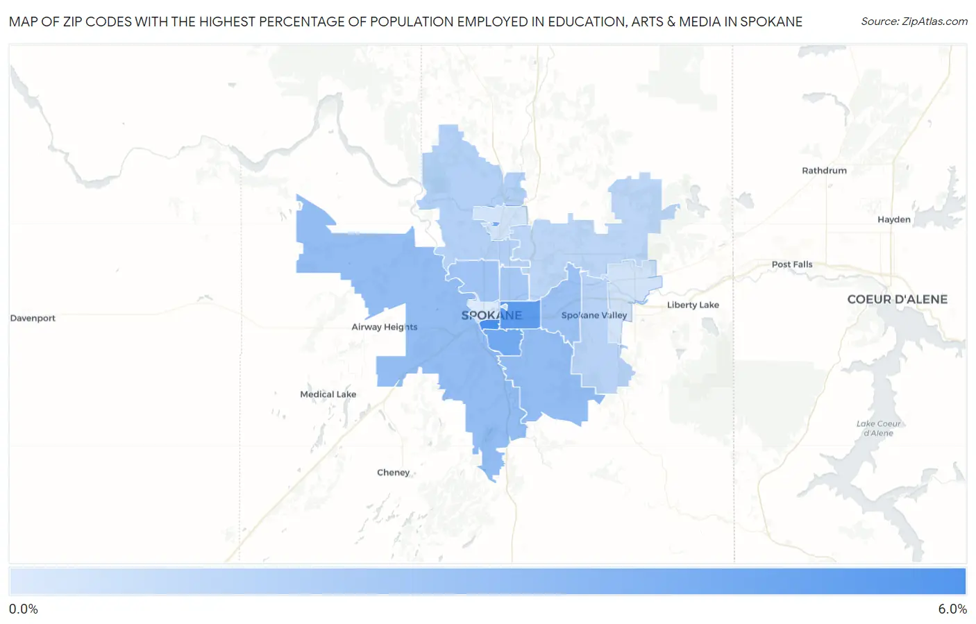Zip Codes with the Highest Percentage of Population Employed in Education, Arts & Media in Spokane Map