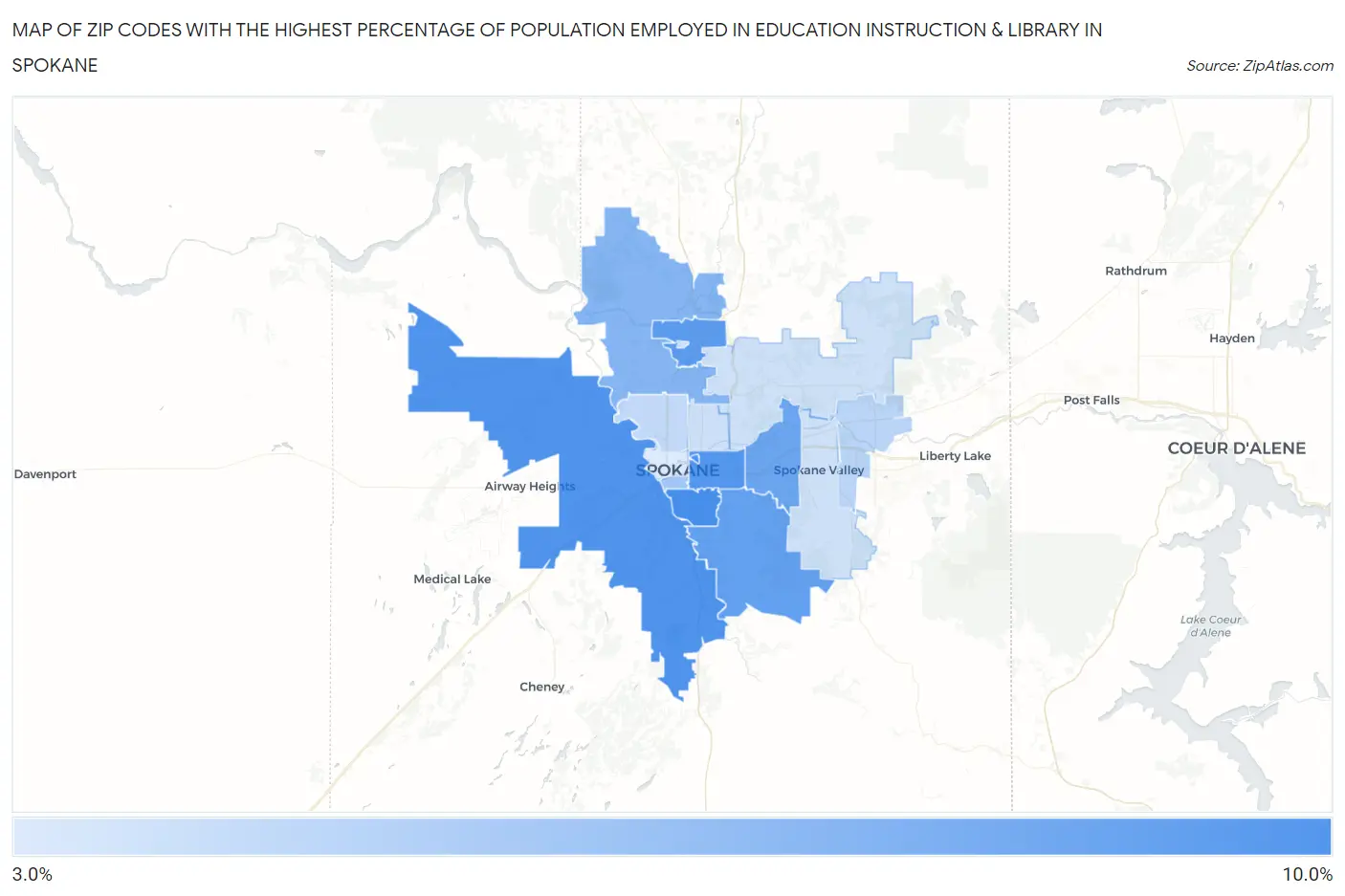 Zip Codes with the Highest Percentage of Population Employed in Education Instruction & Library in Spokane Map