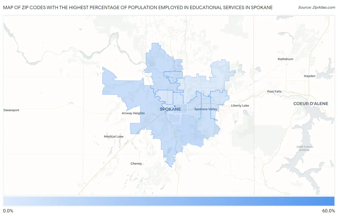 Zip Codes with the Highest Percentage of Population Employed in Educational Services in Spokane Map