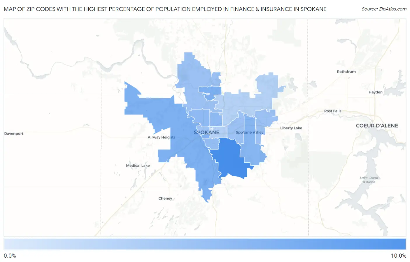 Zip Codes with the Highest Percentage of Population Employed in Finance & Insurance in Spokane Map