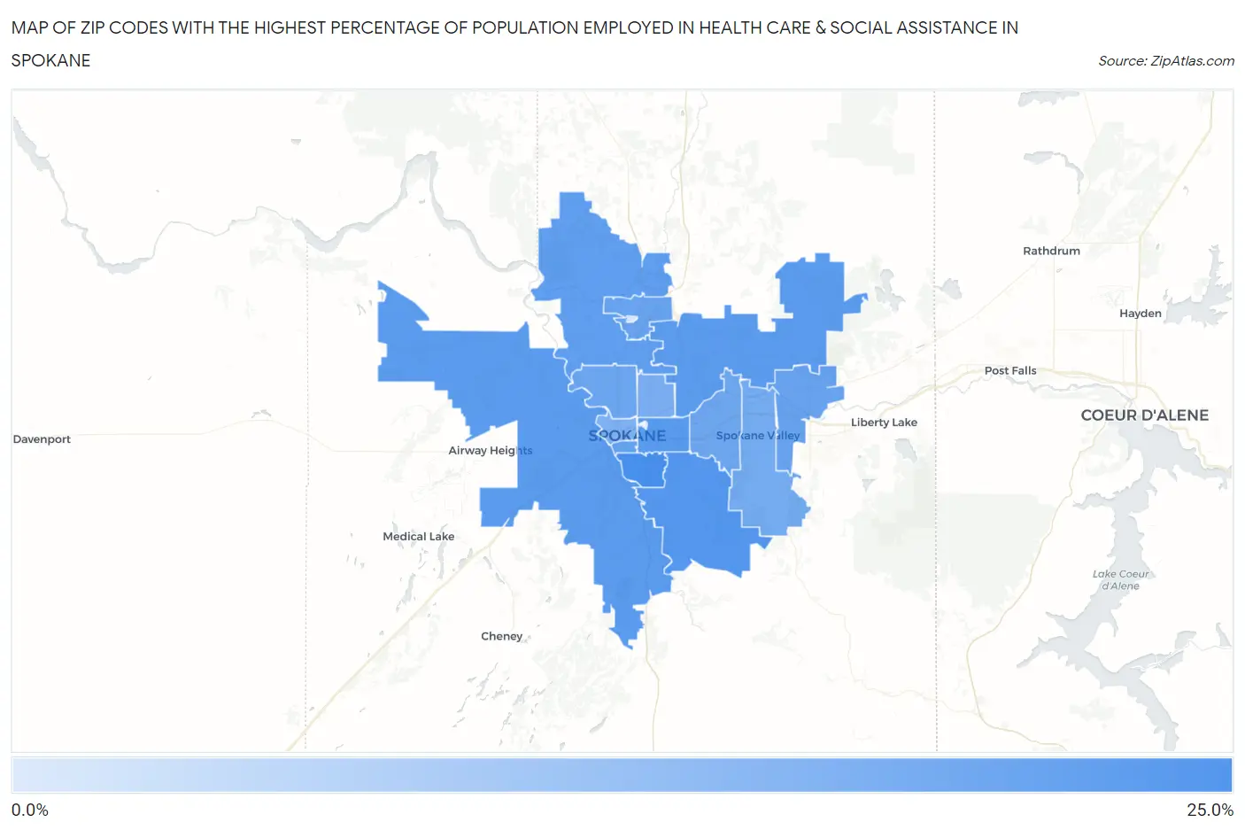 Zip Codes with the Highest Percentage of Population Employed in Health Care & Social Assistance in Spokane Map