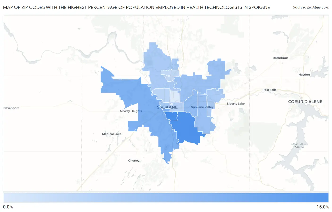 Zip Codes with the Highest Percentage of Population Employed in Health Technologists in Spokane Map