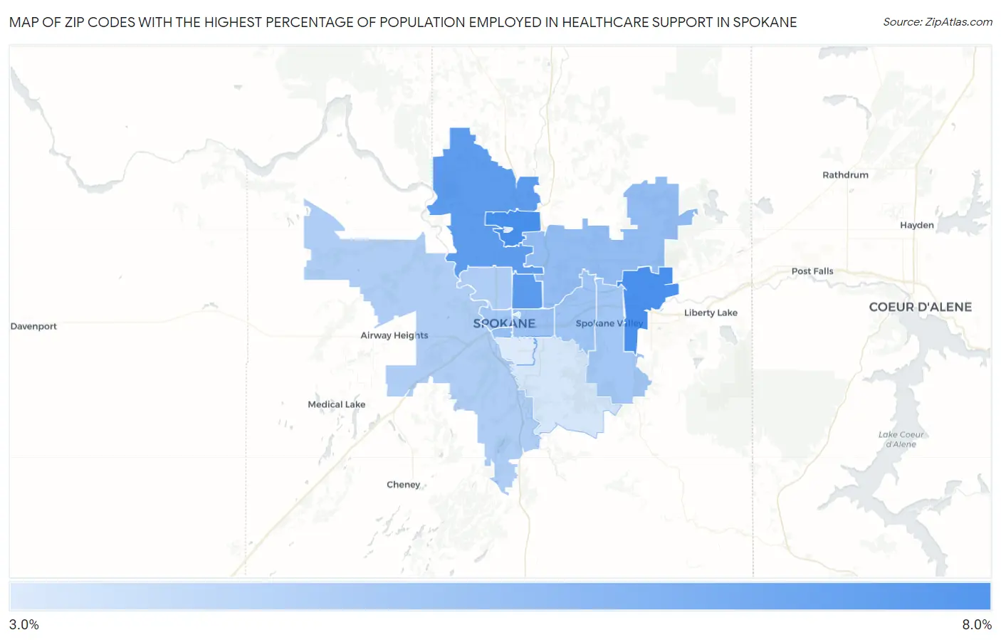 Zip Codes with the Highest Percentage of Population Employed in Healthcare Support in Spokane Map