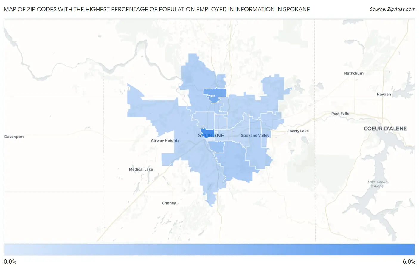 Zip Codes with the Highest Percentage of Population Employed in Information in Spokane Map